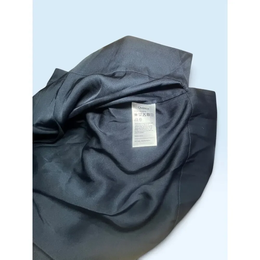 Quince Washable Stretch Silk short Sleeve Notch Collar Blouse Navy Blue Sz L NWT